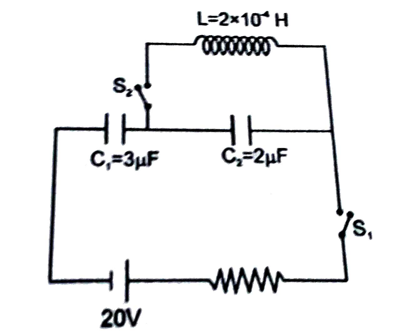 The circuit shown in figure is in the steady state with switch S(1) closed. At t=0, S(1) is opened and switch S(2) is closed.       Find the first instant t, when energy in inductor becomes one third of that in capacitor