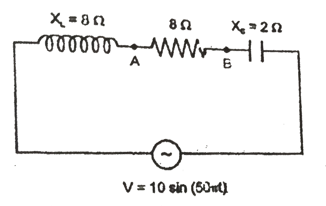 The instantaneous potential difference between points.     A. 8 sin (50 pi t+37 (pi)/180) B. 8 sin(50 pit-37(pi)/180) C. 10 sin(50pit) D. 10 cos(50 pit)