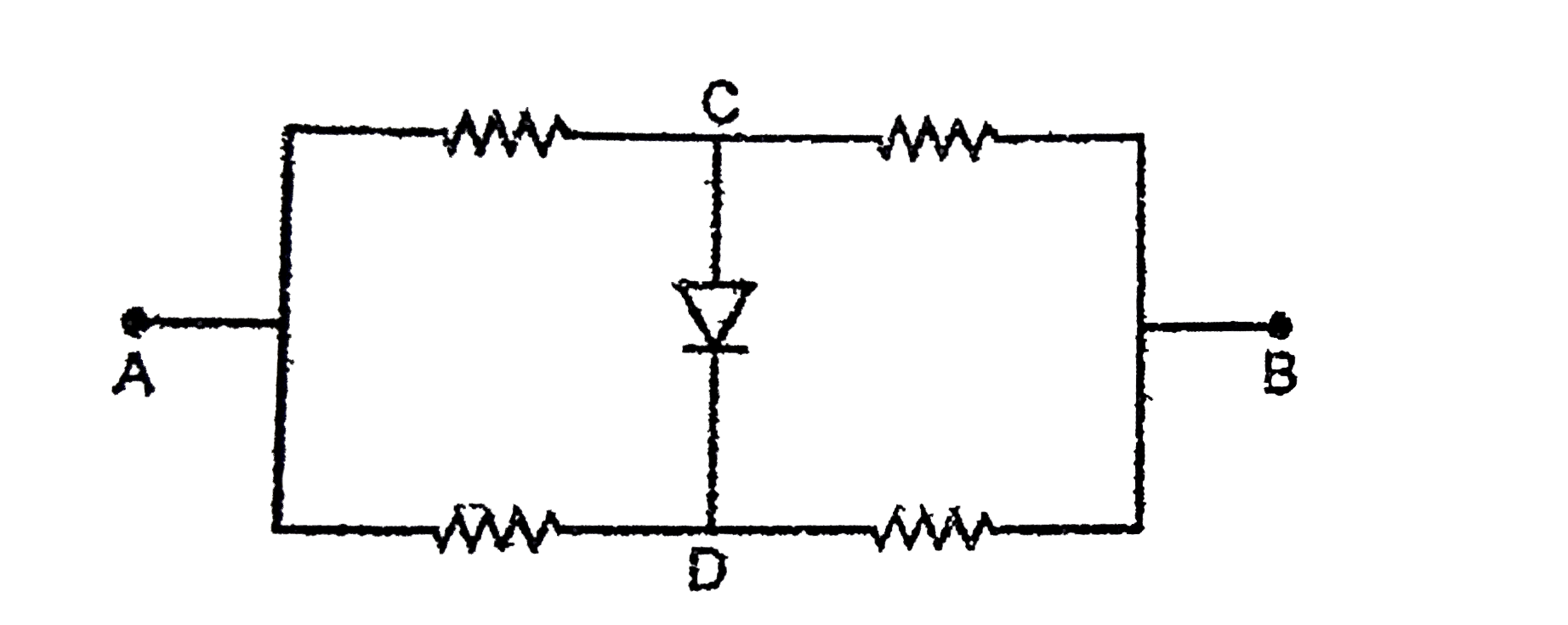 Four equal resistors, each of resistance 10 ohm are connected as shown in the adjoining circuit diagram. Then the equivalent resistance between points A and B is-