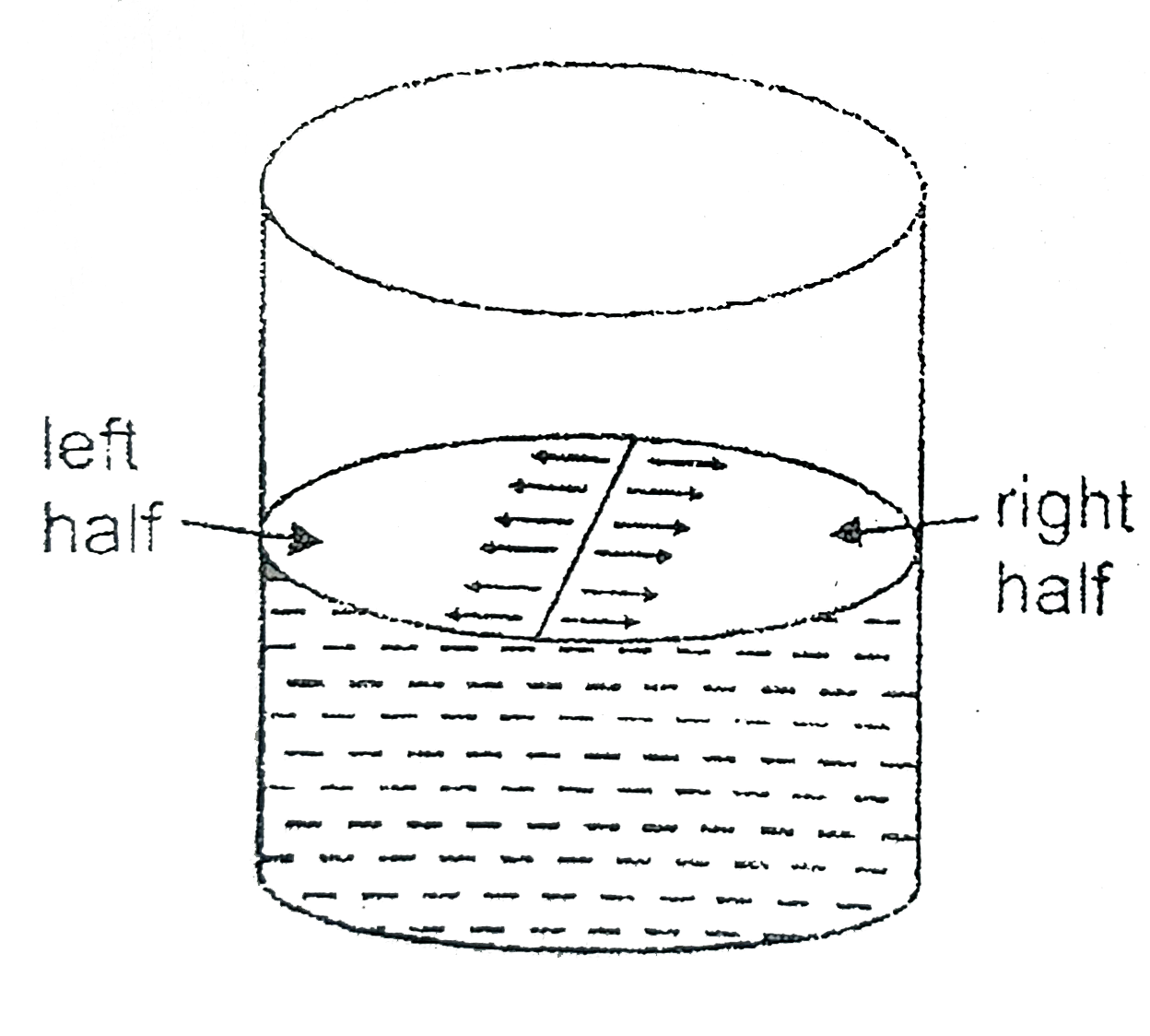 Figure shows the container of radius R filled with water. Consider an imaginary diametric line drividing the surface in two parts: Left half and right half. Find surface tansion force between the left half surface and the right half surface.