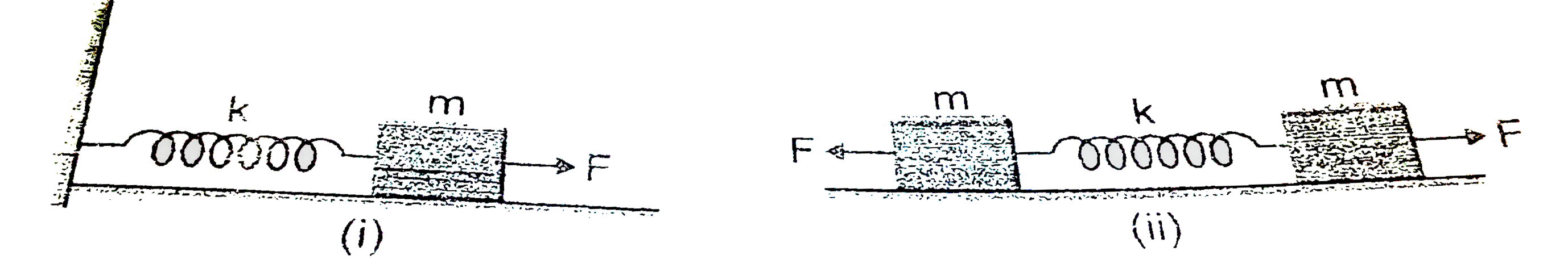 Figure (i) shows a spring of force constant k clamped rigidly at one end and a mass m attached to its free end. A force F applied at the free end stretches the spring. Figure(ii) shows spring with both endsd free and attached to a mass m at either end. Each end of the spring in figure (ii) is stretched by the same force F.      (a) What is the maximum extension of the spring in the two cases ?   (b) If the mass in figure (i) and the two masses in Figure (ii) are released free. what is the period of oscillation in each case ?