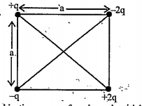 What are the magnitude and direction of the electric field at the centre of square in figure if q=1xx10^4 C and a = 5cm.
