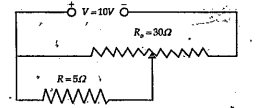 As shown in the figure  above, a resistance of R = 5Omega draws current from a potentiometer of total resistance R0=30Omega. A voltage V = 10V is supplied to the potentiomenter. What is the voltage across R when the sliding contact is in the middle of the potentiometer?