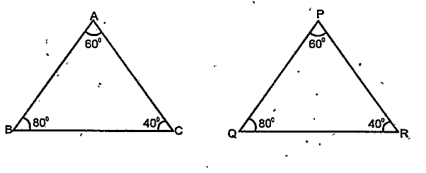 State which pairs of triangles in Fig. are similar. Write the similarity criterion used by you for answering the question and also write the pairs of similar triangles in the symbolic form: