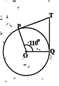 In Fig.10.11,if TP and TQ are the tangent to a circle with centre O so that anglePOQ=110^@ thenanglePTQis equal to 
a)60^@
b)70^@
c)80^@
d)90^@