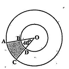 Find the area of the shaded region in Fig12.20,if radius of the two concentric circle with centre O are 7 cm and 14 cm respectively and angleAOC=40^@.