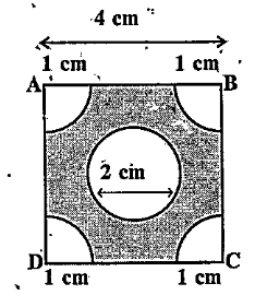From each cornor of a square of side 4 cm a quadrant of a circle of radius 1 cm is cut and also a circle of diameter 2 cm is cut as shown in Fig.12.23.Find the area of the remaining portion of the square.