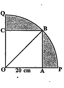 In Fig.12.31,a square OABC is inscribed in a quadrant OPBQ.If OA=20cm,find the area of the shaded region.(use pi=3.14)
