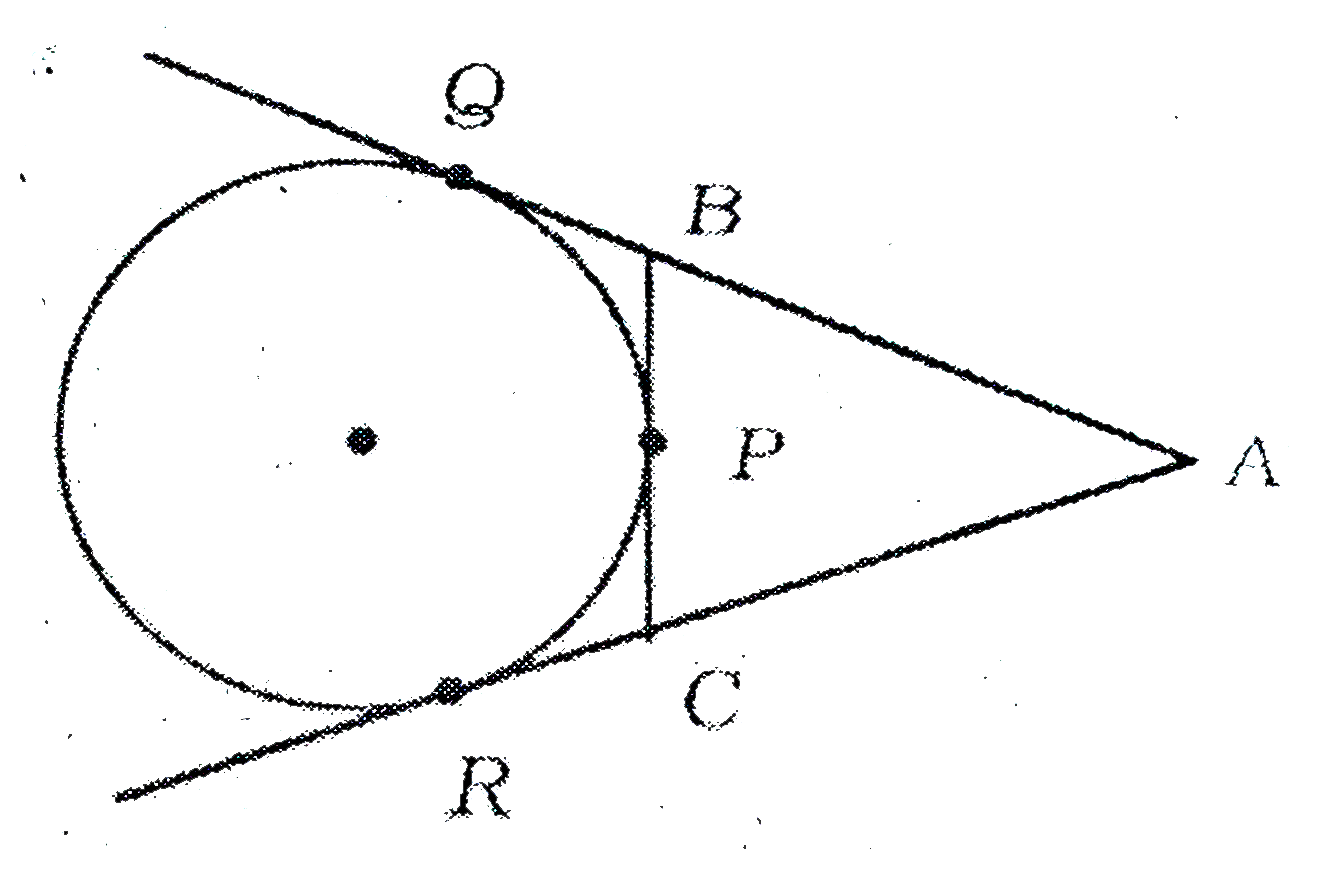 चित्र  में  एक   वृत्त  त्रिभुज  ABC   की भुजा  BC    को प  पर स्पर्श  करता है | तथा  AB व AC को  बढ़ाये  जाने  पर क्रमश : Q व R  पर स्पर्श  |     सिद्ध कीजिए   AQ  = (1)/(2) (Delta ABC  का  परिमाप )