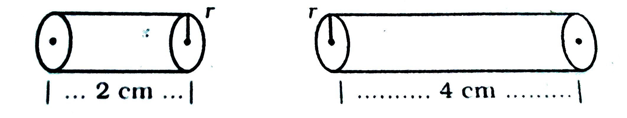 चित्र में  एक ही धातु के दो चालकों की प्रतिरोधकता क्रमशः  rho(1)Omega-m एवं   rho(2)Omega-m है।   rho(1)  व  rho(2)   के अनुपात का मान लिखिए।