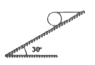 A sphercial ball of mass 5kg is resting on a plane with angle of inclination 30^(@) with respect to the horizontal as shown in the figure. The ball is held in place by a rope attached horizontally to the top of the ball and to the slope. The frictional force acting on the ball is