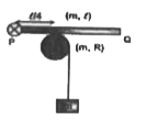 A lever PQ, hinged at P, of mass 'm' and length 'l' lies on the drum ( solid cylinder ) of mass 'm' and radius 'R'.The drum can rotate about the horizontal axis passing through O. The coefficient of friction between the lever and drum is 1//4. A block of mass 'm' is connected through the string with the drum as shown in the figure. The string does not slip on the drum. Then the acceleration of the block is