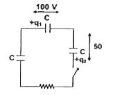 Two capacitor each of capacitance C = 1 muF each charged to  potential 100 V and 50 V respectively and connected across a uncharged capacitor 'C' = 1muF as shown in the figure if switch 'S' is closed then charge in the uncharged capacitor at equilibrium will be