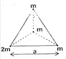 Three point masses m,m and 2m are placed on the vertex of an equilateral triangle of side 'a' Another point mass 'm' is placed at the centroid of the triangle as shown in the figure. If the magnitude of net force on the point mass placed at centroid is (KGm^2)/(a^2) then find the value of K (G= universal gravitational constant )