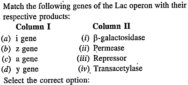 Match the following genes of the lac operon with their respective products