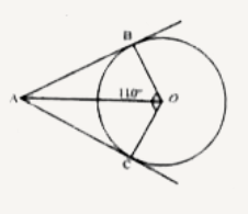 चित्र में, angleBOC  की माप =110^@, AB  तथा AC  वृत्त की स्पर्शियाँ हैं। angleOAB  की माप ज्ञात कीजिए