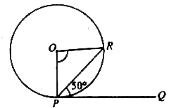 संलग्न चित्र में, वृत्त का केंद्र O है और PQ स्पर्श रेखा है। यदि /RPQ=50^(@) तो /POR का मान ज्ञात कीजिए।