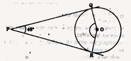 चित्र में, यदि O केन्द्र के वृत्त की PQ और PR दो स्पर्श रेखाएँ है और angle QPR = 46^(@)  तो angle QOR  का मान होगा -