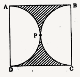 आकृति में, छायांकित भाग का क्षेत्रफल ज्ञात कीजिए, यदि ABCD भुजा 14 सेमी का एक वर्ग है तथा APD और BPC दो अर्द्धवृत्त है।