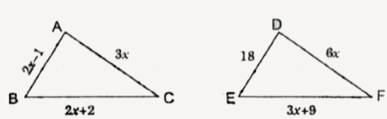 नीचे दी गई आकृति में  DeltaABC~DeltaDEF है इसकी भुजाओं की लम्बाईयाँ (सेमी में) उन पर अंकित है प्रत्येक त्रिभुज की भुजाओं की लम्बाइयाँ ज्ञात कीजिए