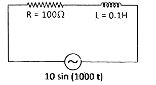 दिखाए गए प्रत्यावर्ती धारा परिपथ में गणना कीजिए-   (i) प्रेरकत्व L का प्रतिघात   (ii) सम्पूर्ण परिपथ की प्रतिबाधा   (iii) परिपथ में धारा का शिखर मान   (iv) लगाई गई वोल्टता तथा परिपथ की धारा में कलान्तर