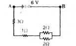 निम्नलिखित परिपथ में ज्ञात कीजिए-   (i) A और B बिन्दुओं के मध्य तुल्य प्रतिरोध   (ii) परिपथ में धारा   (iii) 3Omega. के प्रतिरोध के सिरों पर विभवान्तर |