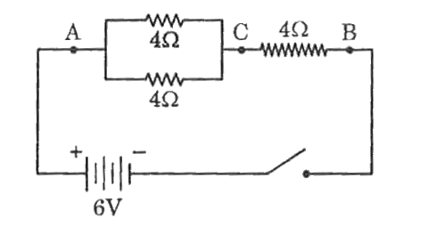 दिये गये परिपथ में गणना कीजिए-    (i) A तथा B बिन्दुओं के बीच तुल्य प्रतिरोध   (ii) धारा का मान   (iii) A तथा C बिन्दुओं के बीच विभवान्तर