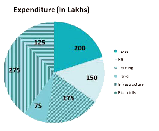 The pie chart shows the expenditure of a company for the year 2020. Study the diagram and answer the following questions. (All expenditures are in Lakhs)      The expenditure of Infrastructure and Electricity is what percent of the total expenditure?