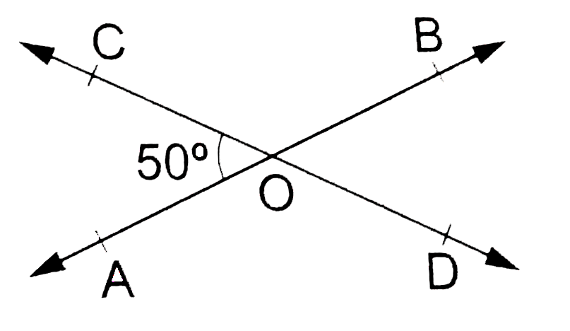 Two lines AB and CD intersect at O. If angleAOC=50^(@), find angleAOD, angleBOD and angleBOC.