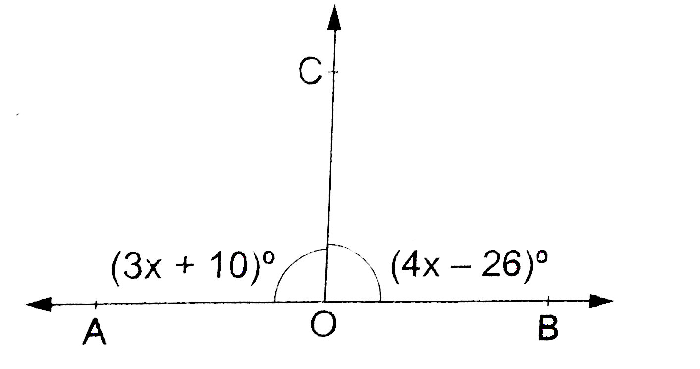 In the given figure, AOB is a straight line. If angleAOC=(3x+10)^(@) and angleBOC=(4x-26)^(@), then angleBOC= ?