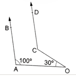 In the given figure, AB||CD. If angleAOC=30^(@) and /OAB=100^(@) then angleOCD=?