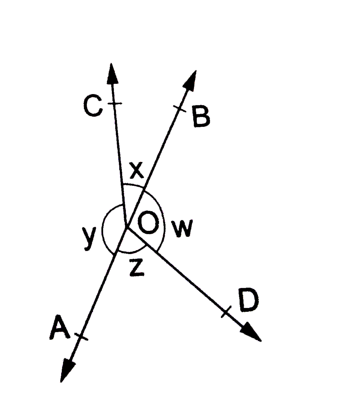 In the given figure, if x+y=z+w then prove that AOB is a line.