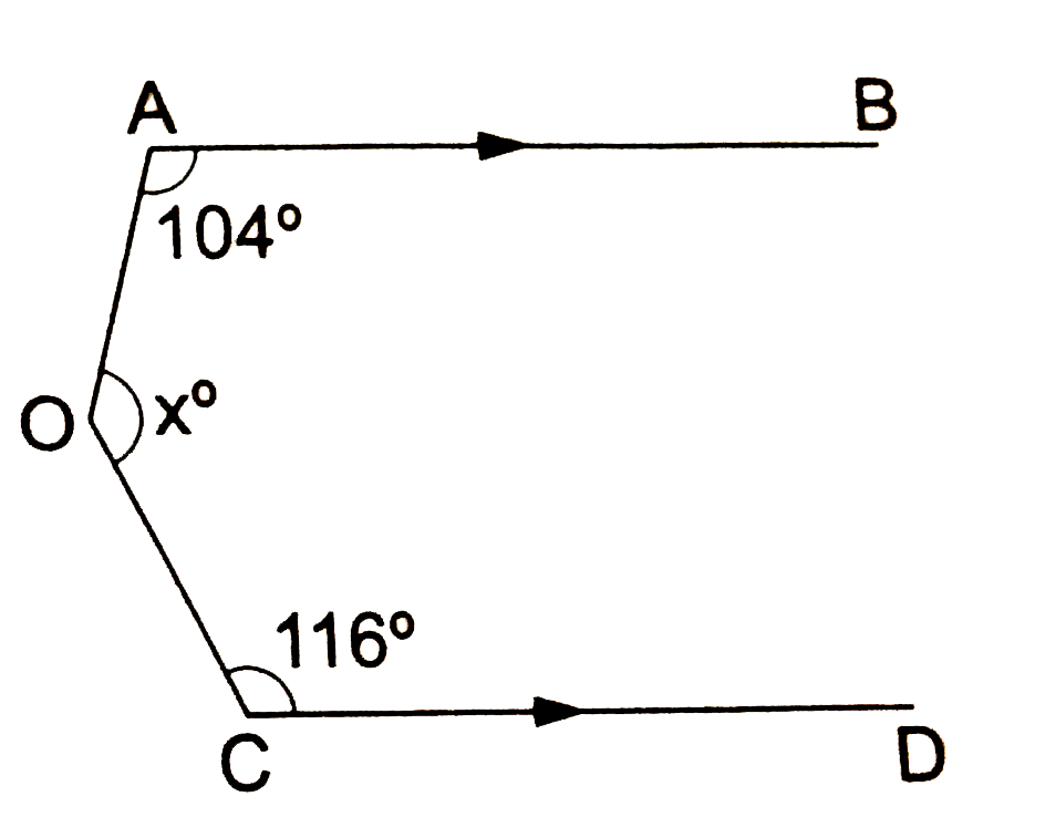 In the given figure, AB||CD and angleAOC=x^(@). If angleOAB=104^(@) and angleOCD=116^(@), find the value of x.