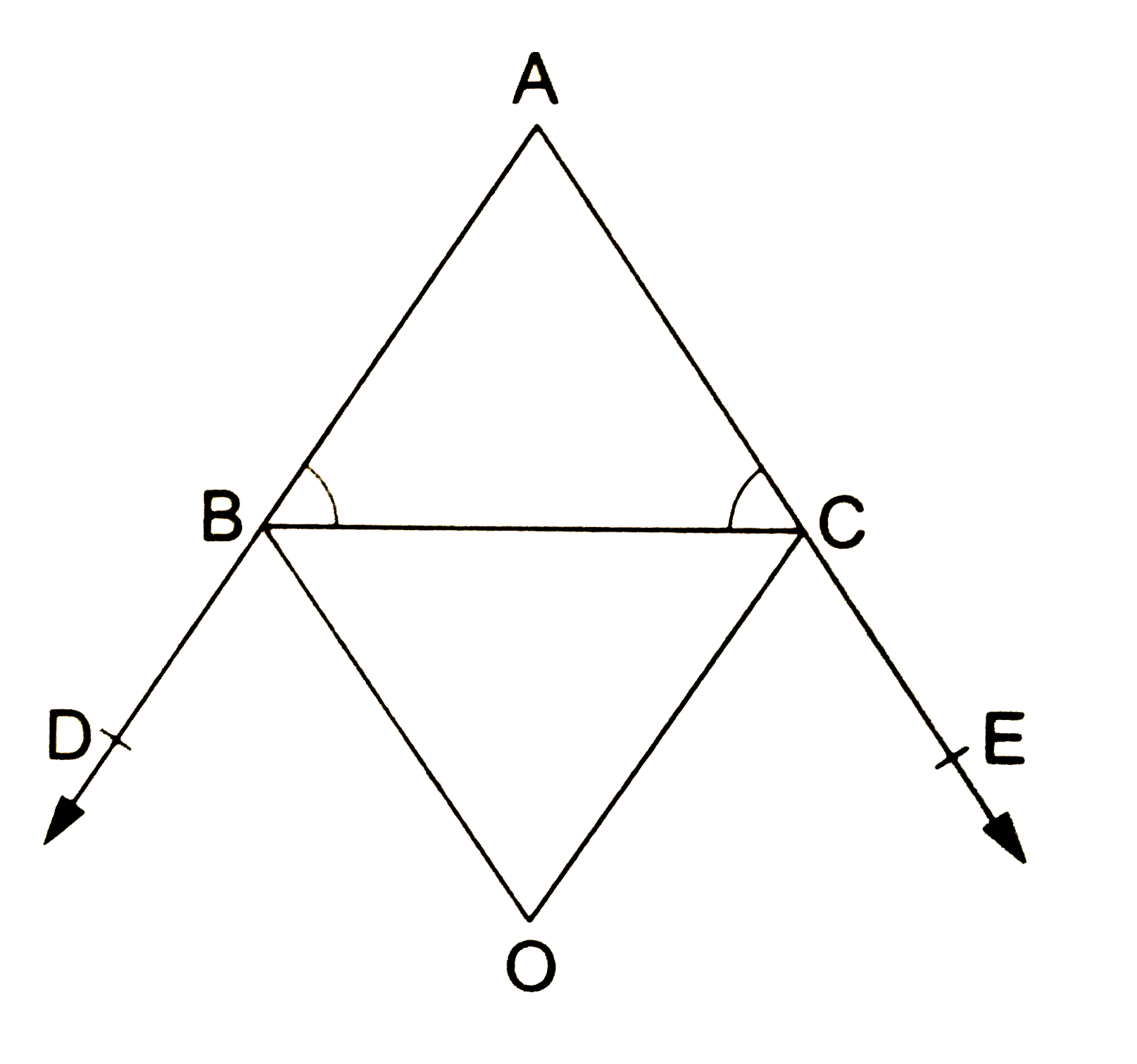 In a DeltaABC the sides AB and AC are produced to points D and E respectively. The bisectors of angleDBCandangleECB intersect  at a point O.   Prove that angleBOC=(90^(@)-(1)/(2)angleA).