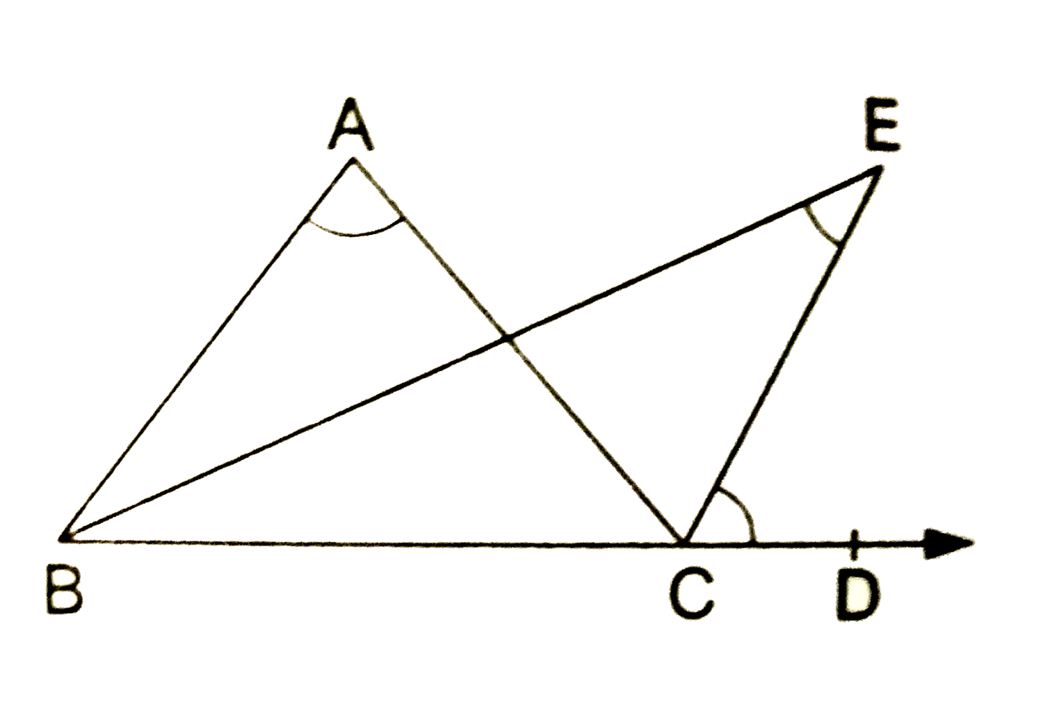 In the given figure, the side BC of DeltaABC has been produced to a point D. If the bisectors of angleABCandangleACD meet at point E then prove that angleBEC=(1)/(2)angleBAC.