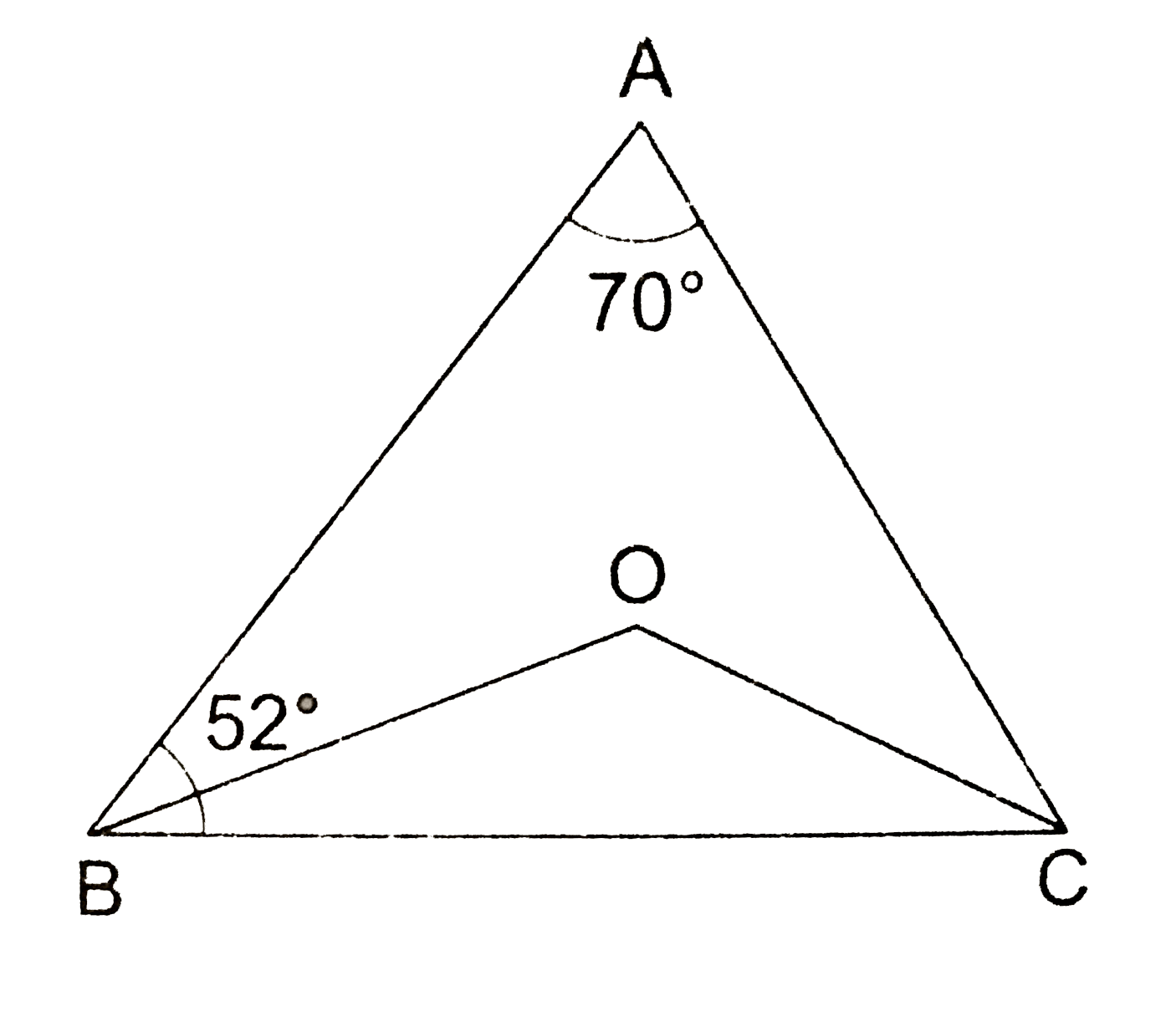 In DeltaABC it is given that angleA=70^(@),angleB=52^(@),BOandCO are the bisectors of angleBandangleC respectively. Find angleOCBandangleBOC.