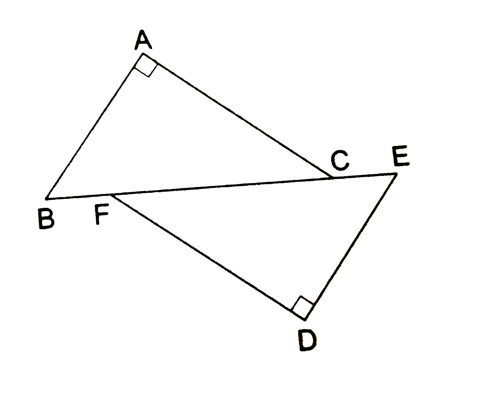 In the given figure, BA|AC and DE|DF such that AB = DE and BF = EC. Show that DeltaABC~=DeltaDEF.