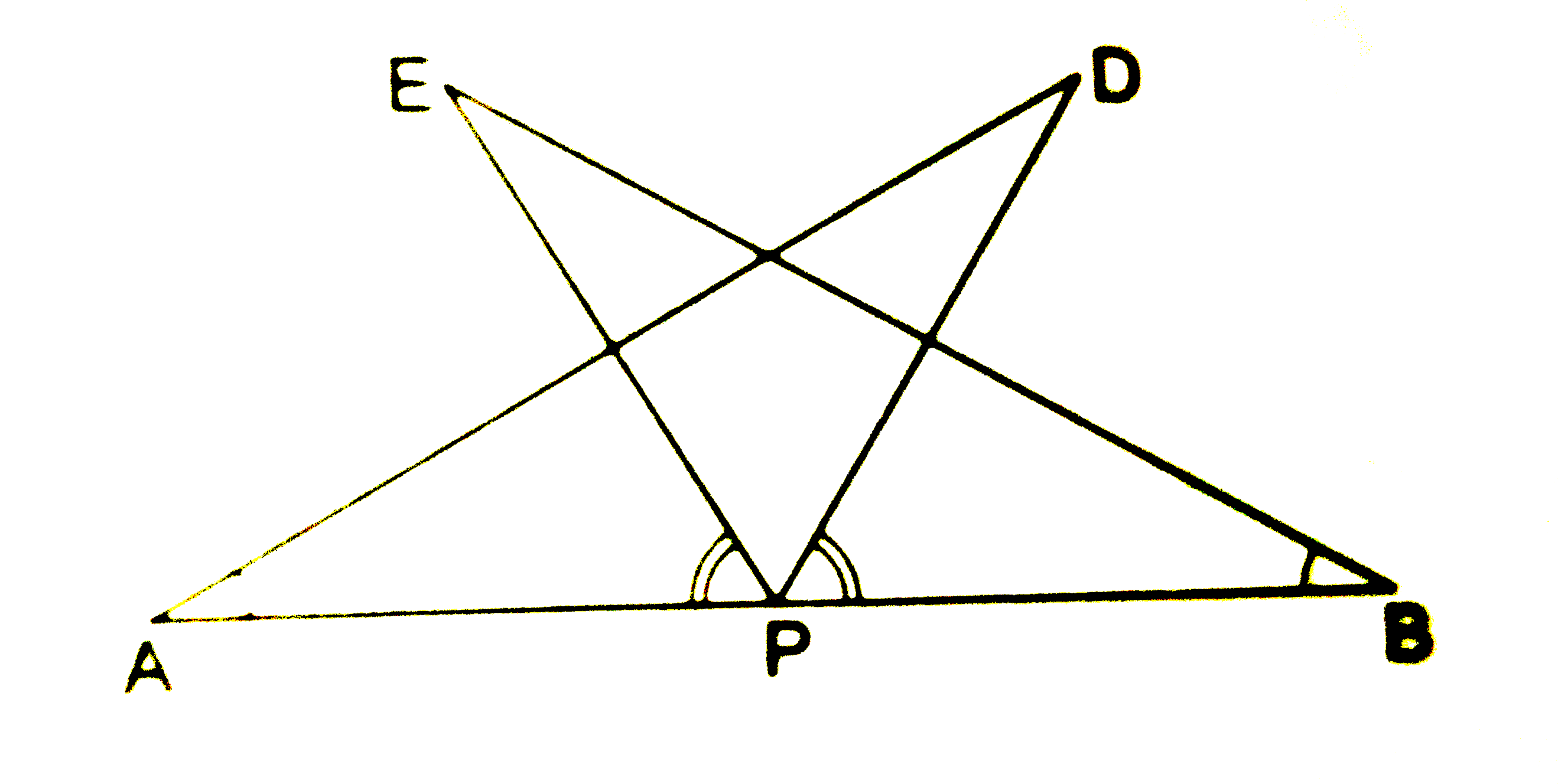 AB is a line segment and P is its midpoint. D and E are points on the same side of AP such that angleBAD=angleABE and angleEPA=angleDPB.   Show that (i) DeltaDAP~=DeltaEBP,   (ii) AD=BE.