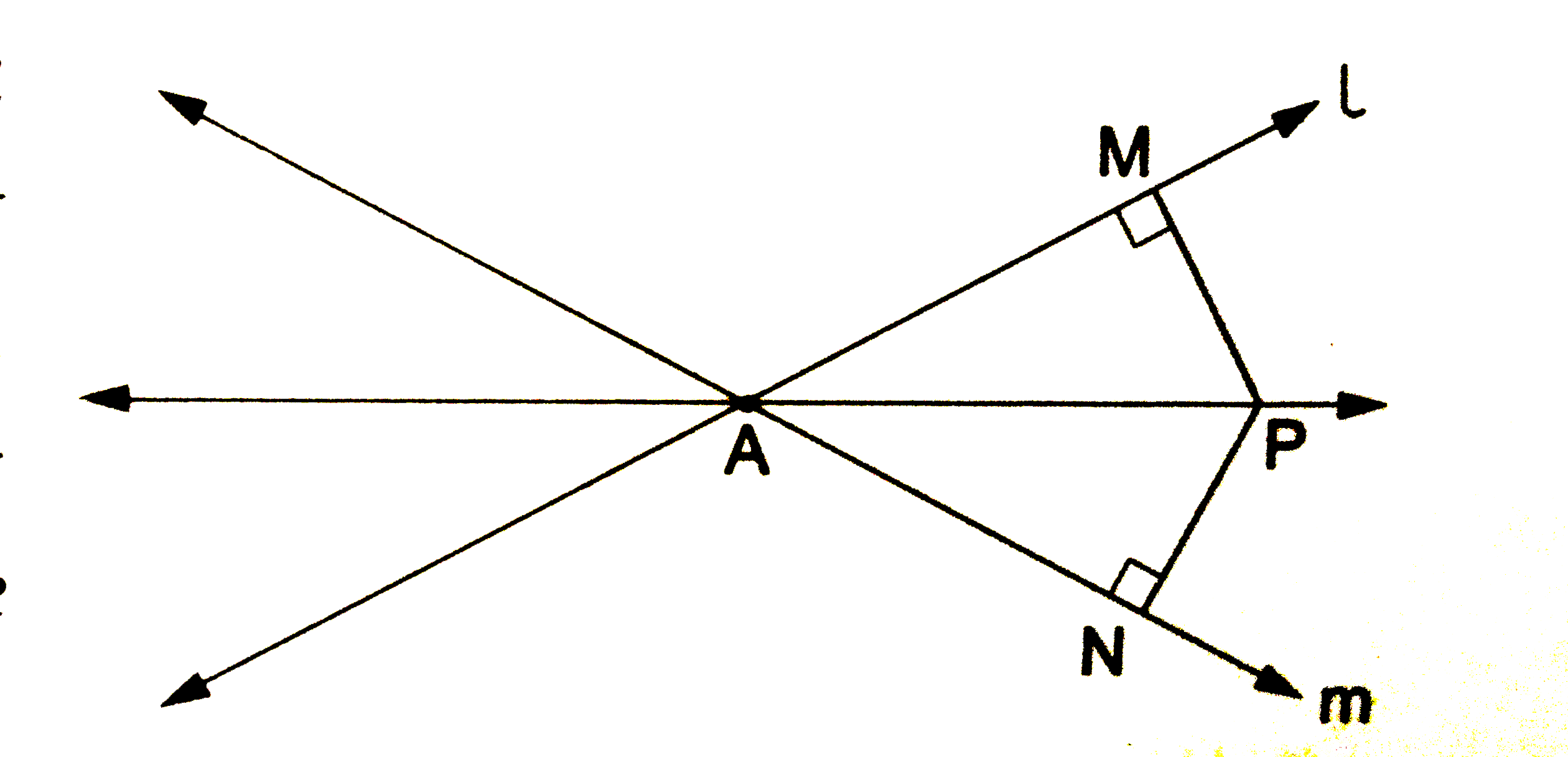 P is a point equidistant from two lines l and m intersecting at a point A, as shown in the given figure. Show that the line AP bisects tha angle between them.