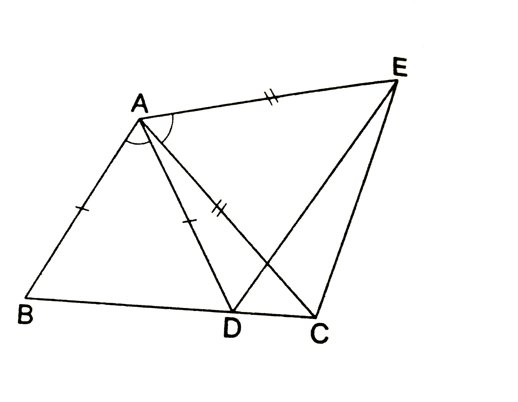 In the given figure, AB=AD in DeltaABD and AC=AE in DeltaACE and angleBAD=angleEAC. Show that BC = DE.