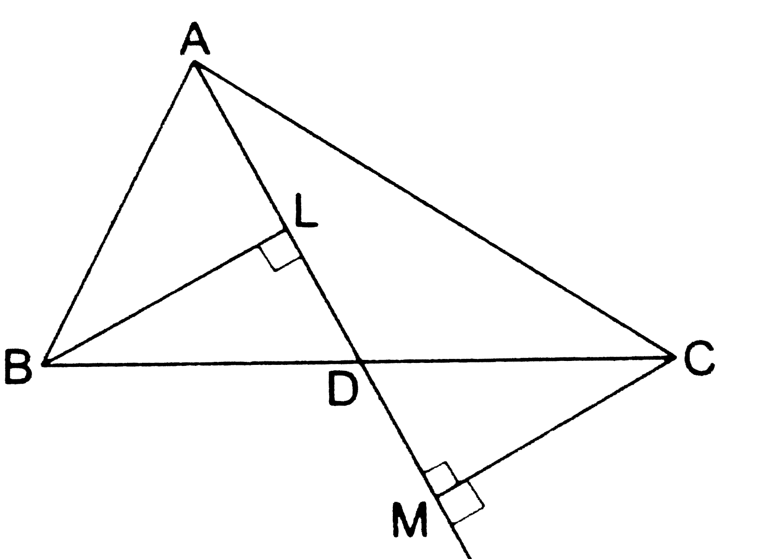 In the adjoining figure, AD is a median of DeltaABC. If BL and CM are drawn perpendiculars on AD and AD produced, prove that BL = CM.