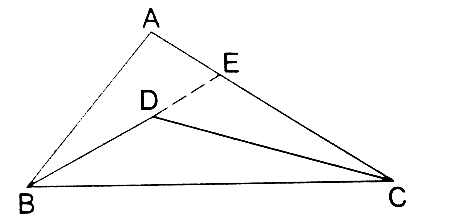 In the adjoining figure, ABC is a triangle and D is any point in its interior. Show that (BD+DC)lt(AB+AC).