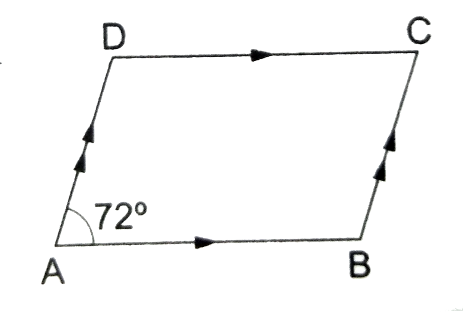 In the adjoining figure, ABCD is a parallelogram in which  angle A =72^(@).  Calculate angle B, angle C and angle D.