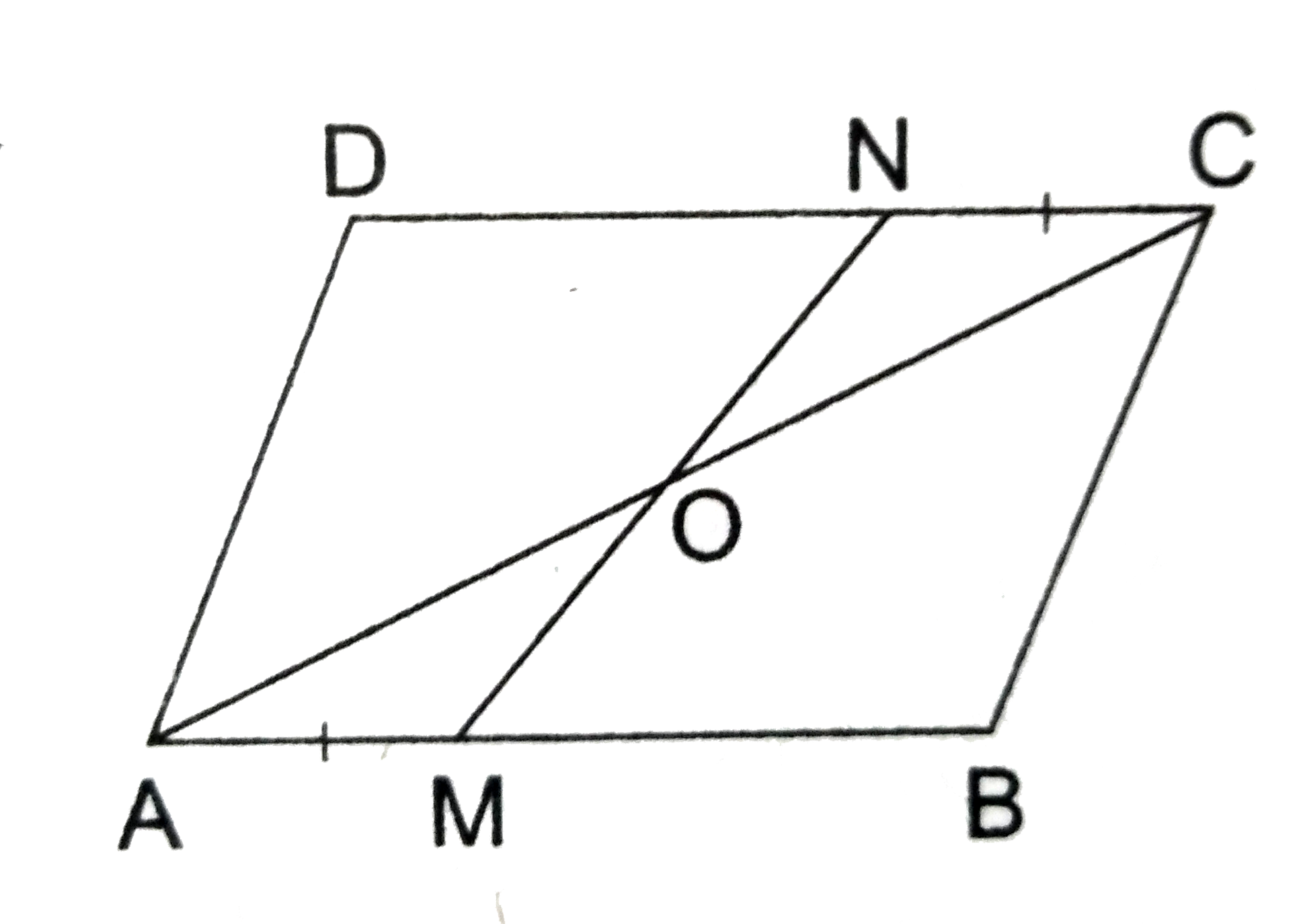 In a parallelogram ABCD, points M and N have been taken on opposite sides AB and CD respectively such that AM = CN. Show that AC and MN bisect  each other.