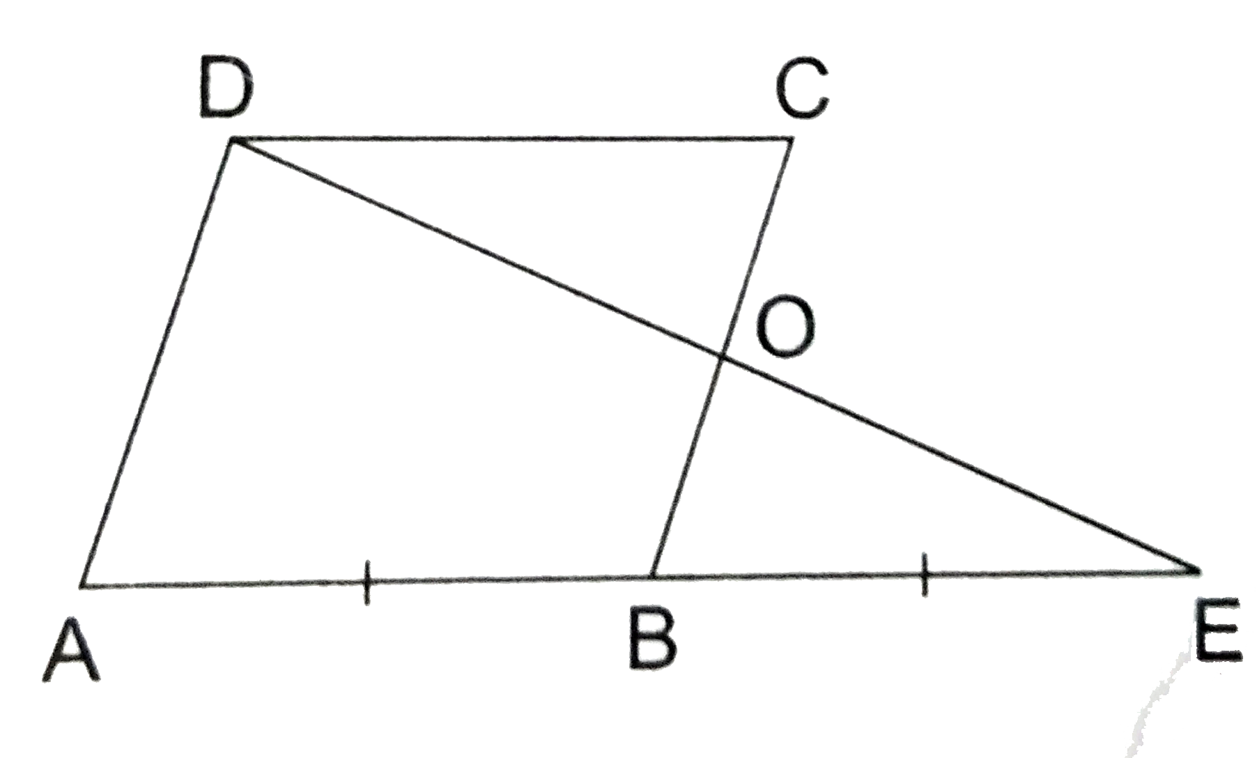 In the adjoining figure, ABCD is a parallelogram in which AB is produced to E. so that BE = AB. Prove that ED bisects BC.