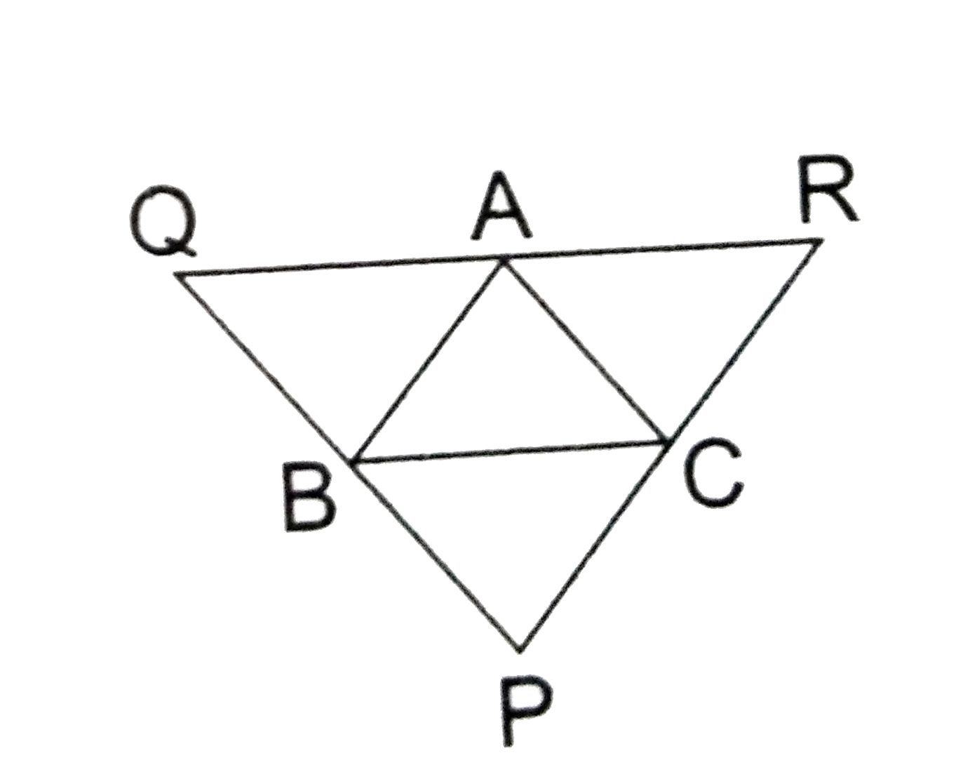 A triangle ABC  is  given. If lines are drawn through A, B, C,  parallel respectively to the sides BC, CA and AB, forming triangle PQR, as shown in the adjoining figure, show that BC=(1)/(2) QR.