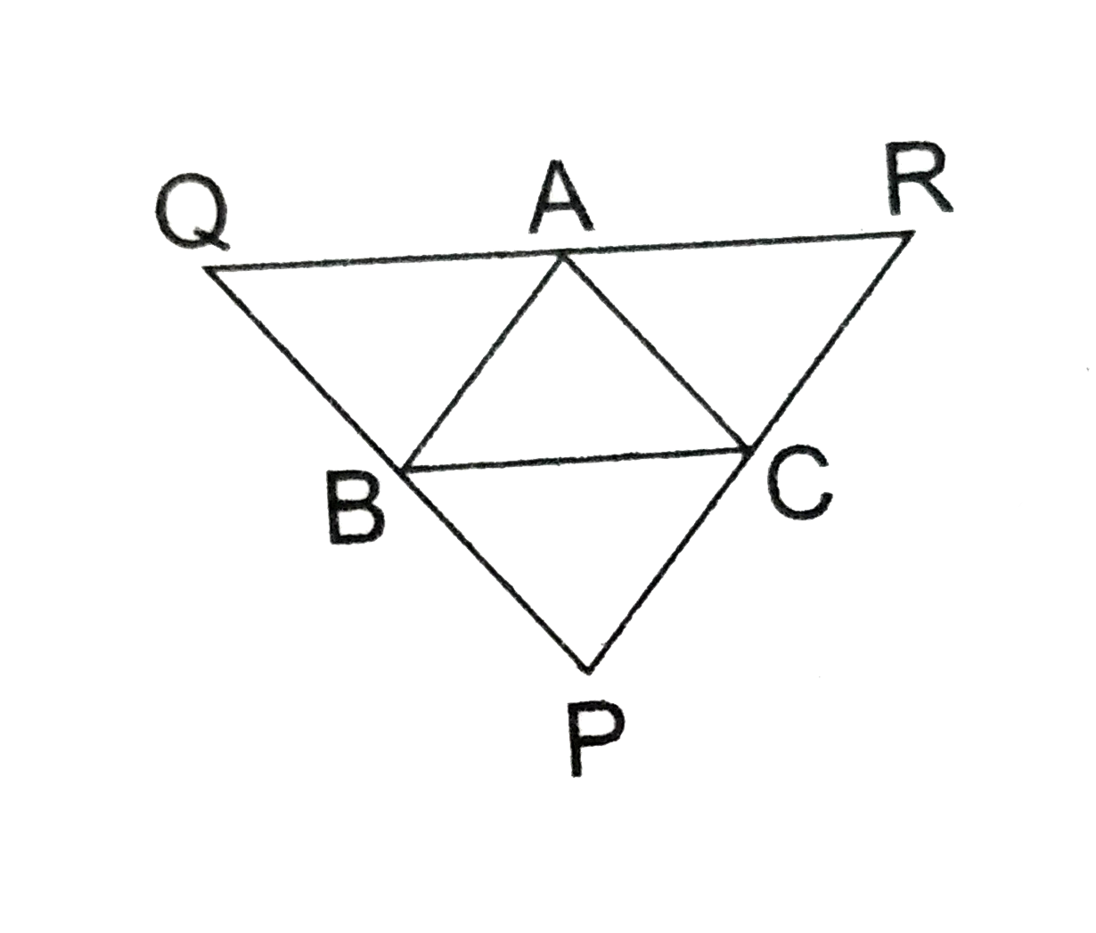 In the adjoining figure, triangle ABC is a triangle and through A, B, C lines drawn, parallel respectively to BC,  CA and AB, intersecting at P, Q  and R. Prove that the perimeter of triangle PQR is double the perimeter of triangle ABC.