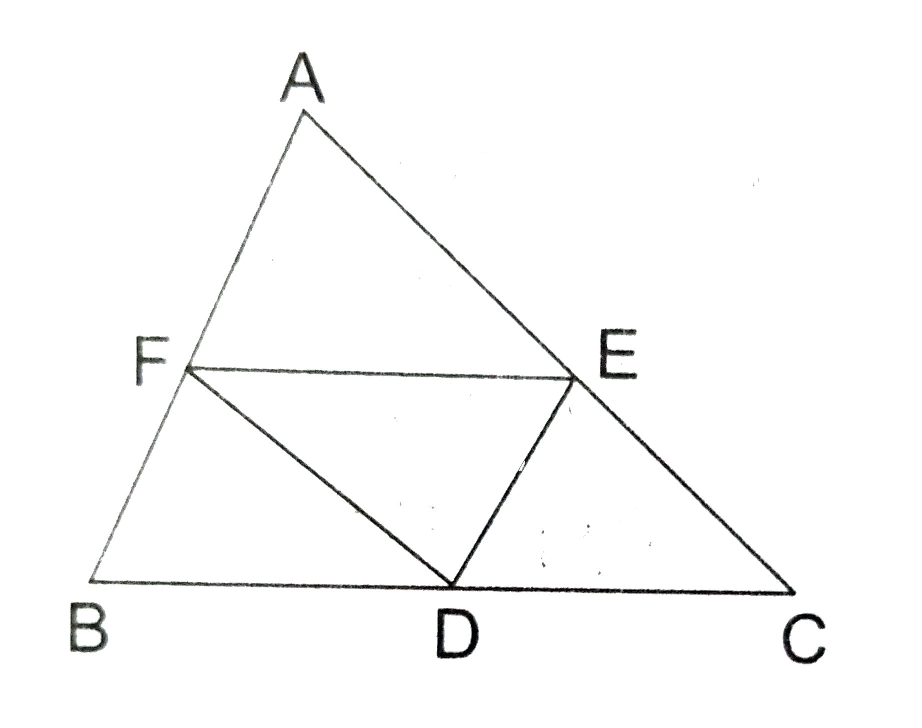 In the adjoining figure, D, E, F are the midpoints of the sides BC, CA and AB respectively, of triangle ABC. Show that angle EDF = angle A, angle DEF= angle B  and angle DFE= angle C.
