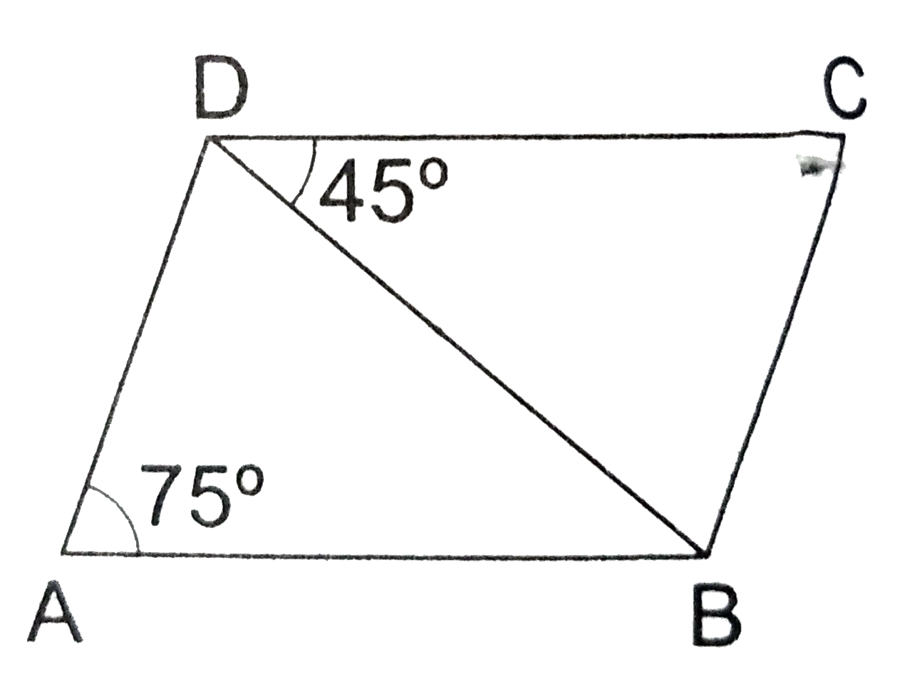 In the given figure, ABCD is a parallelogram in which angle BDC =45^(@) and angle BAD=75^(@).