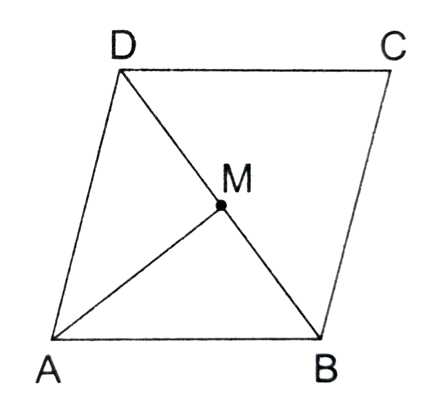 In the given figure, ABCD is a parallelogram, M is the midpoint of BD and BD bisects angle B as well as angle D. Then, angle AMB=?